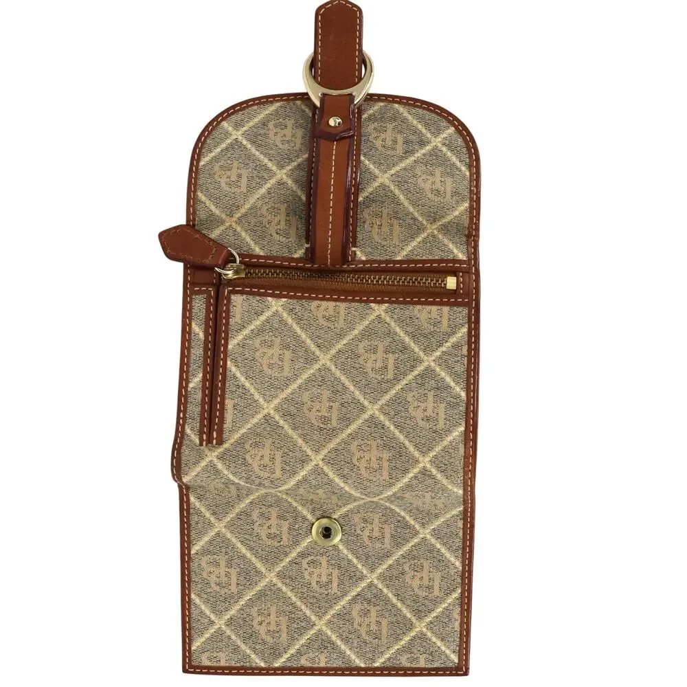 Dooney and Bourke Wallet Womens Beige Brown Fabric Logo Leather Trim Snap Vtg